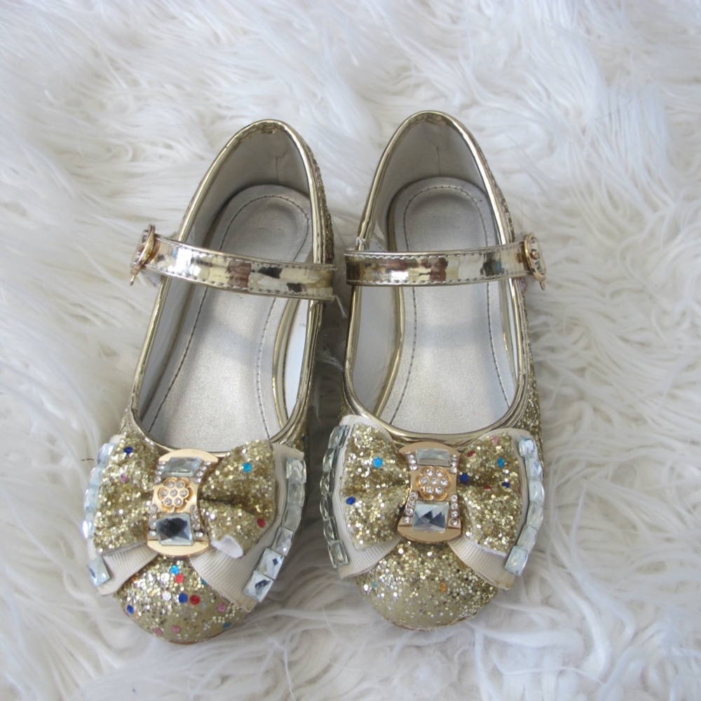 Girls Heels Party Mary Jane  Dance Pump Crystal Bow Knot Size 11.5 gold EUC - Picture 3 of 6